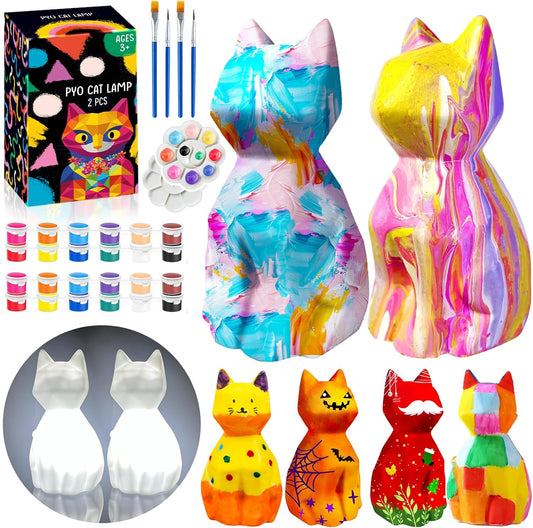 FUNZBO 2pcs Paint Your Own Cat Lamp - Halloweens Arts and Crafts Supplies Kitten Painting Kits for Kids Teens, DIY Night Light Toy for Toddlers Girls Boys Ages 3 4 5 6 7 8 9 10 11 12 13 Birthday Gifts