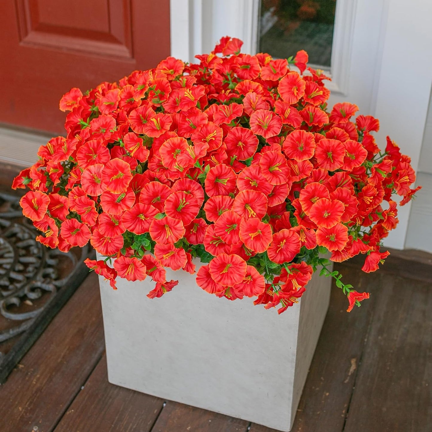 Fake Fall Flowers Artificial Flowers Plants for Outdoors Autumn Decoration, 12 Bundles Orange Silk Morning Glory with Eucalyptus Realistic UV Resistant Faux Flower Greenery for Outside Yard Garden