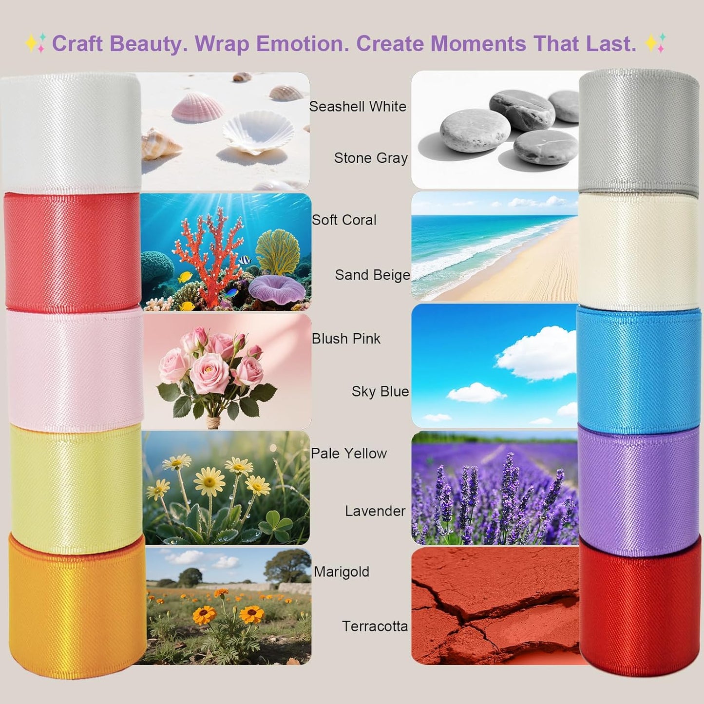 3/8 Double-Faced Satin Ribbon 50 Yards Set,“Morning Meadow”–10 Nature Colored Ribbon Bulk for Gift Wrapping, Crafts, Flower Bouquet, Easter, Wedding, Party Decor, Teacher Kids, Hair & Bows