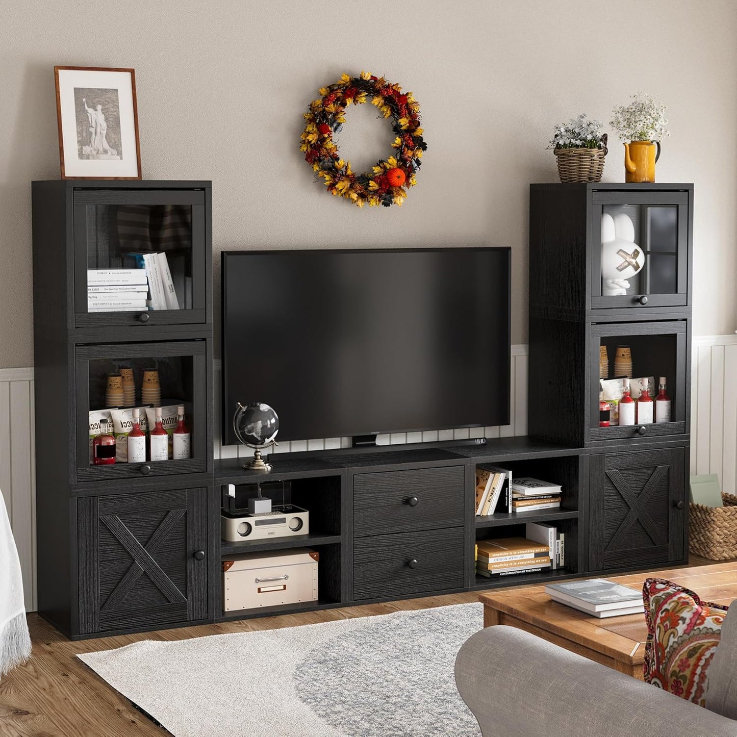 FUSUNBAO Magic DIY Cube Storage Organizer Stackable Cubes for Home Books Clothes Toy-Modular Cubby Storage System-Office Cubical-Bookcase Closet(Black, Glass Door Cube)