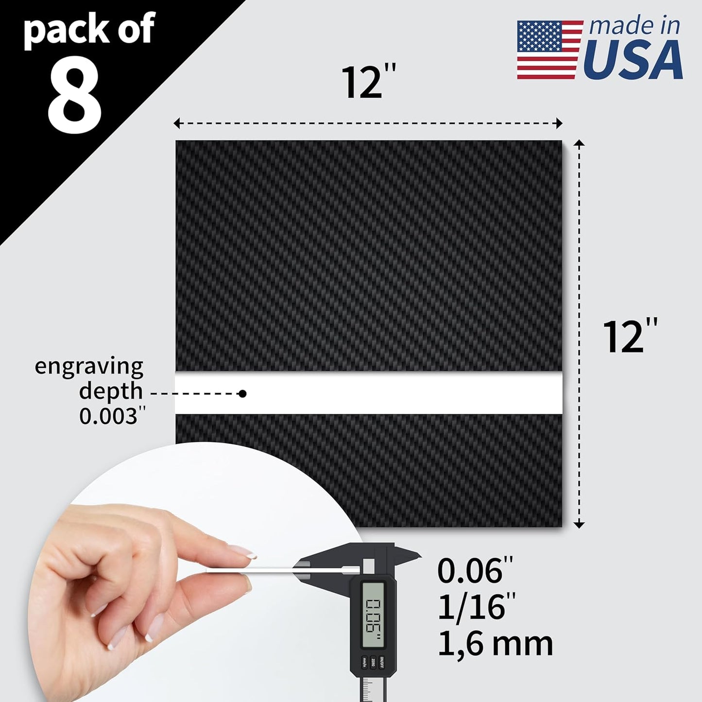 Trotec TroLase | 12"x12"x1/16", 8 Pcs | Carbon/White | 2 Ply | Modified Acrylic | Laser Engraving Double Color Plastic Sheet | Engraving Blanks for Laser, Saw, Guillotine | Made in USA