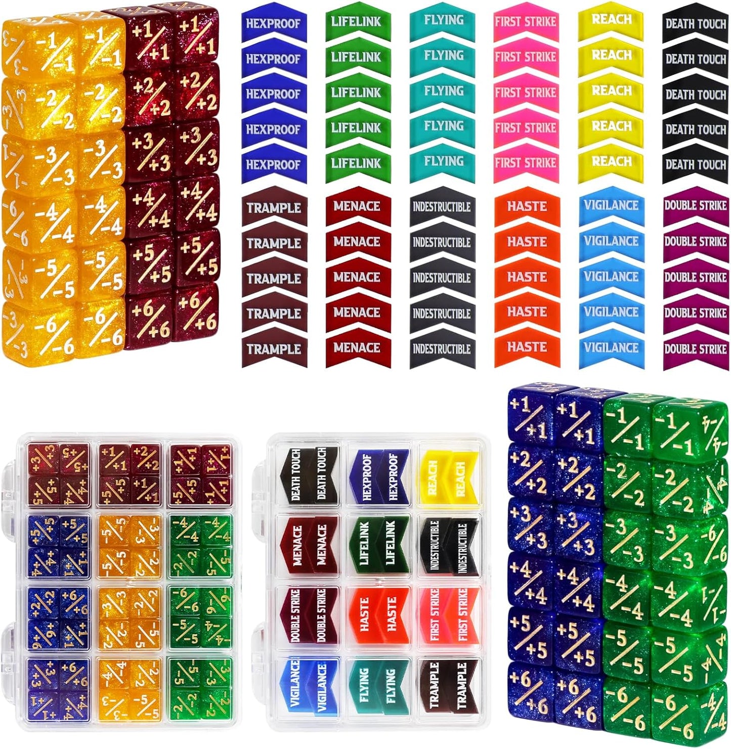 108PCS MTG Tokens & 12mm MTG Dice Set for Magic Card, Keyword Token Life Counters Dice with Box, Compatible with Magic CCG Card Gaming Accessories