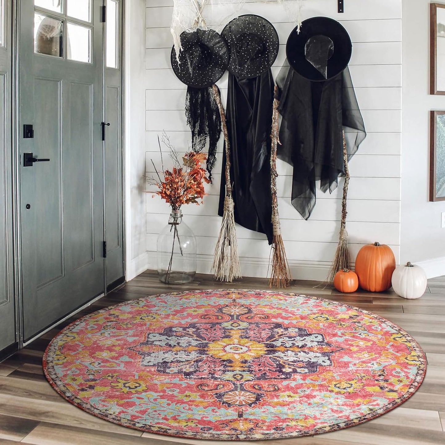 Lahome Bohemian Floral Medallion Round Rug - 4Ft Hot Pink Soft Round Area Rug Bedroom Kitchen Mat, Turkish Washable Indoor Floor Accent Bathroom Carpet for Nursery Living Room Home Office Hallway