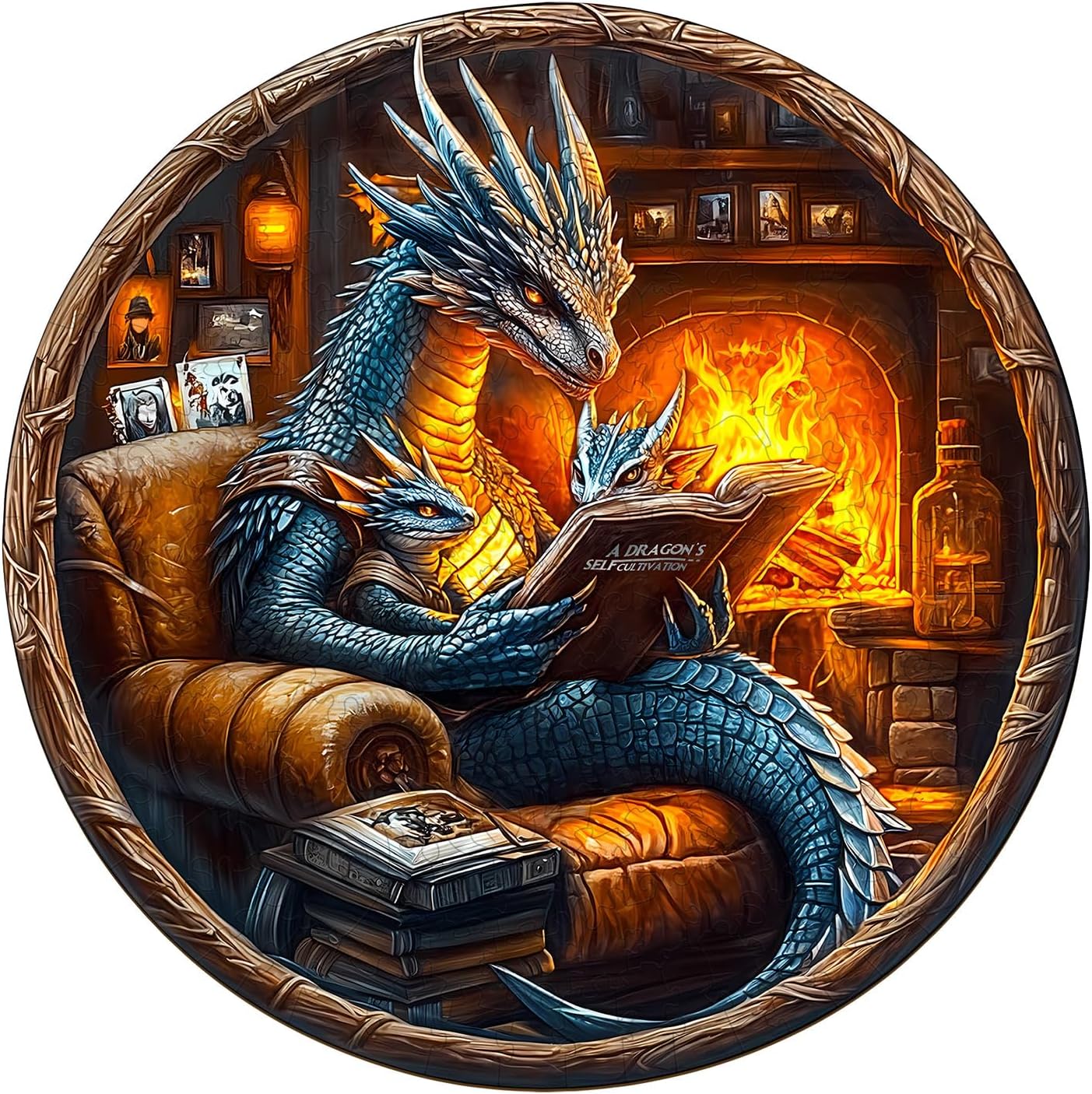 Wooden Puzzles for Adults, Dragon Family Night Reading Wooden Jigsaw Puzzle 450 PCS Unique Shape Wood Puzzle Adult, 3D Visual Effect Flat Puzzle Birthday Family Games (XL-17.3 * 17.3in)