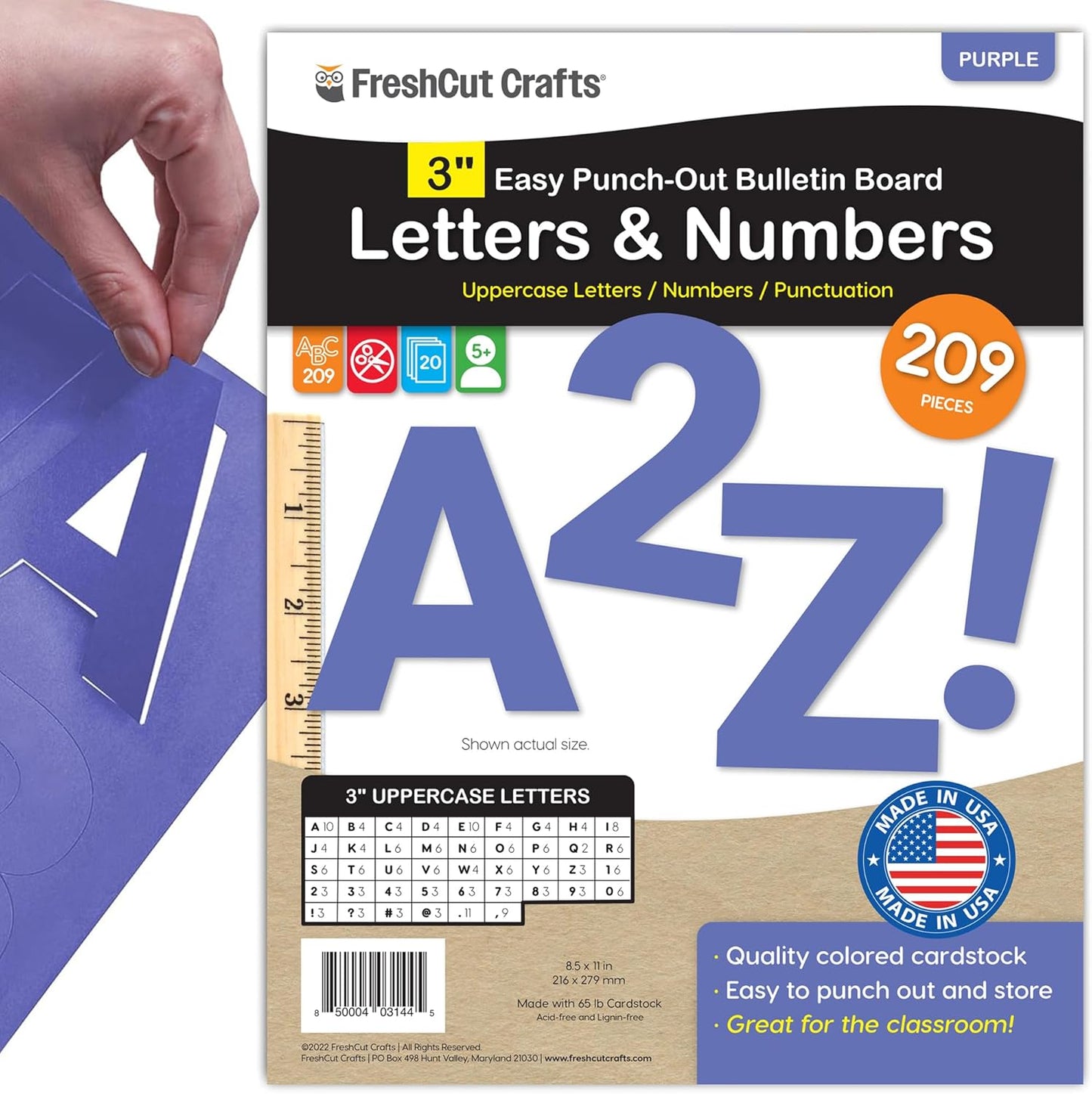 209 Pcs 3" Purple Bulletin Board Letters & Numbers, Capital Letters, Numbers, Punctuation, US Made Card Stock Punch Out Letters for Poster, Bulletin Board, Classroom - Precut Letters & Numbers
