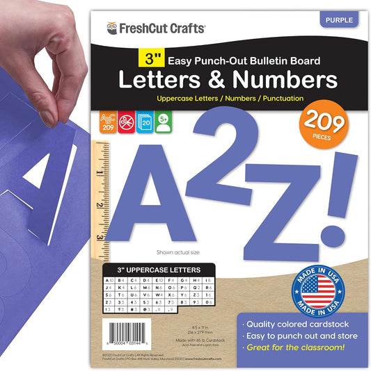 209 Pcs 3" Purple Bulletin Board Letters & Numbers, Capital Letters, Numbers, Punctuation, US Made Card Stock Punch Out Letters for Poster, Bulletin Board, Classroom - Precut Letters & Numbers