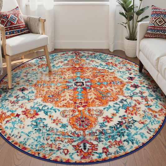 Lahome Bohemian Floral Medallion Round Rug - 6Ft Soft Rug for Living Room Washable Rug for Dining Room, Vintage Faux Wool Non Slip Cute Table Throw Carpet for Coffee Table Nursery Guest Room