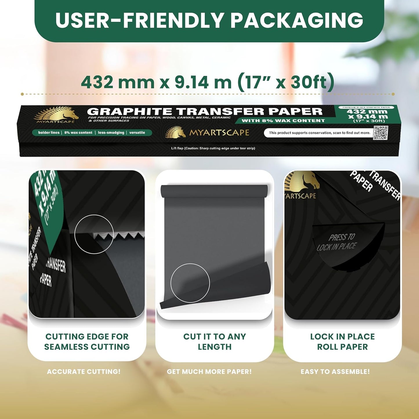 MyArtscape Graphite Transfer Paper Roll - Black Waxed Carbon Paper 17" x 30ft Transfer Paper Roll, Graphite Paper, Precise Carbon Paper Ideal as tracing Paper for Drawing