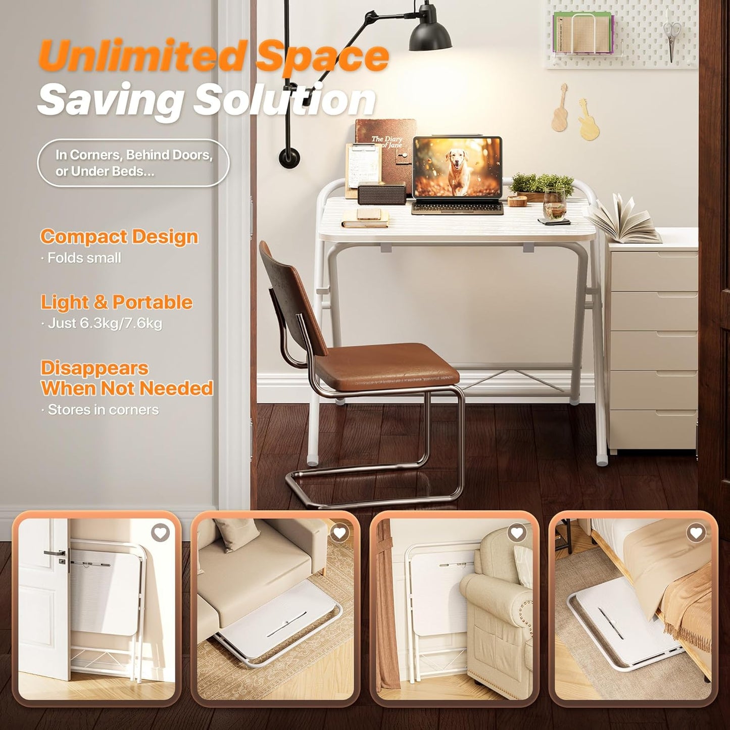 Huuger Folding Desk with 3-Level Adjustable Height and Tablet Slot, 24 Inch Foldable Computer Desk for Small Spaces, Space Saving, Writing Work Table for Home Office, Bedroom, Study, White