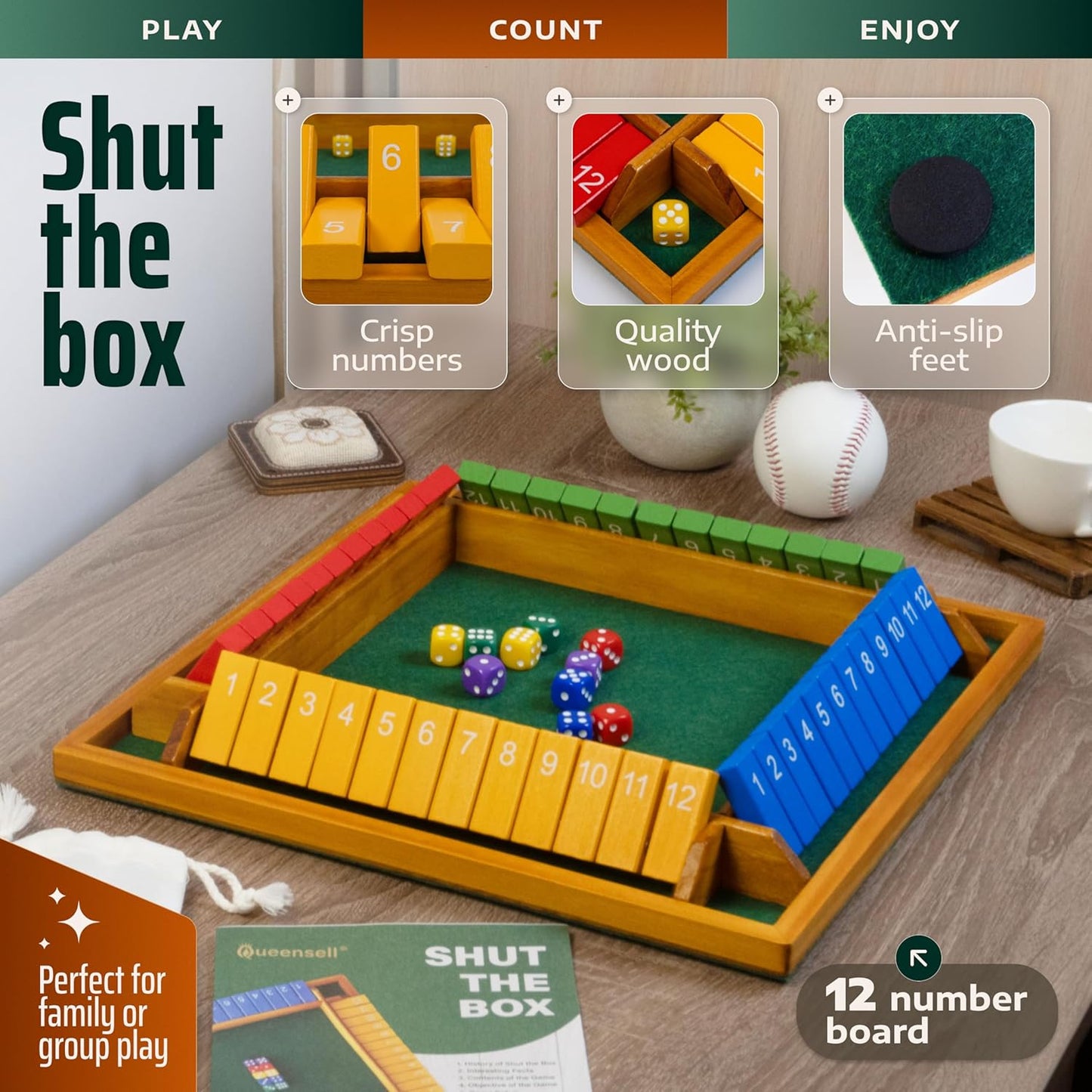 Shut The Box Game Wooden Board for 4 Players - 14-inch Shut The Box Game 12 Numbers for Adults & Kids - Ideal for Games Night