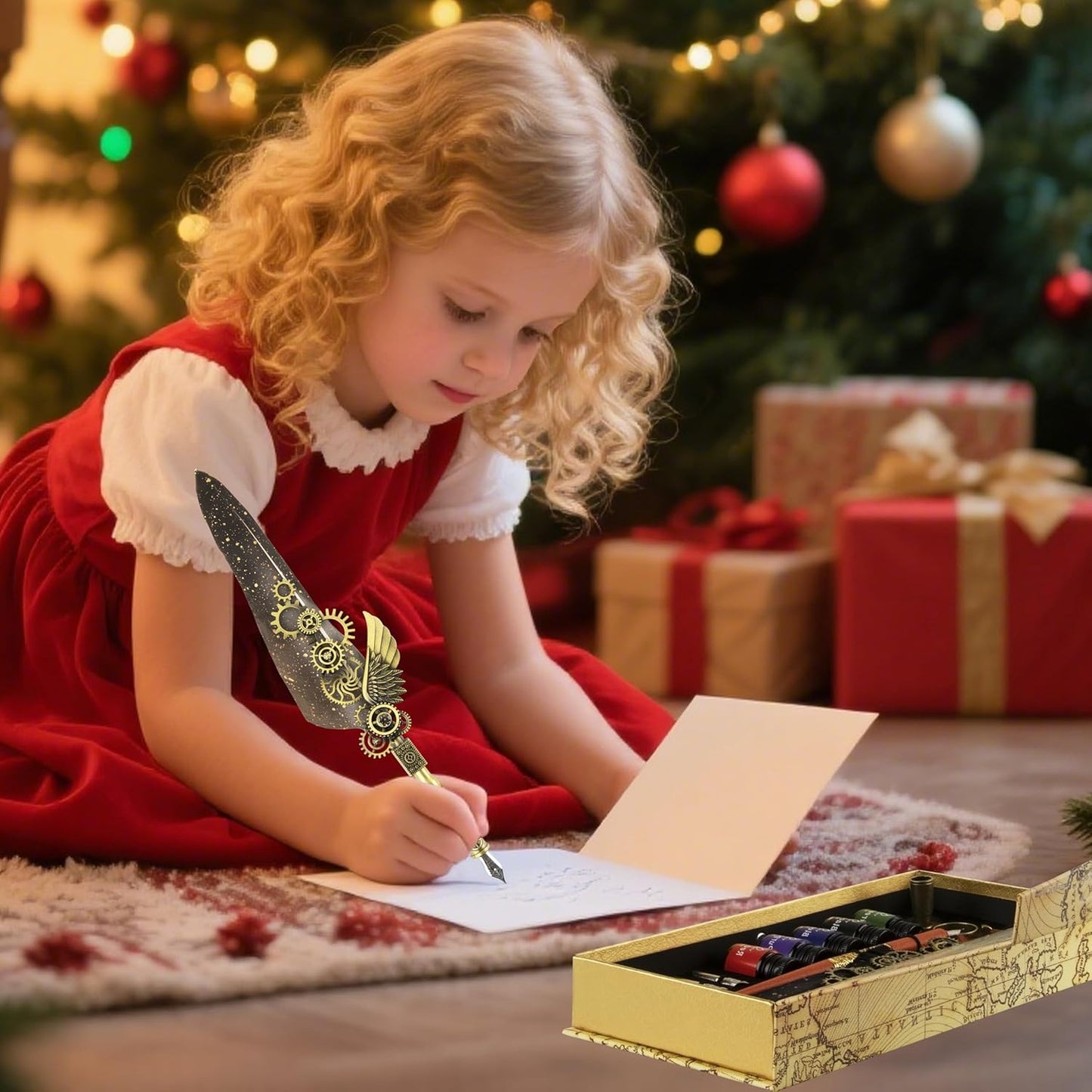 Feather Pen and Ink Set Calligraphy Kit for Beginners with Quill Pen, Antique Vintage Stationary Set for Writing, Signing & Hand Lettering Art