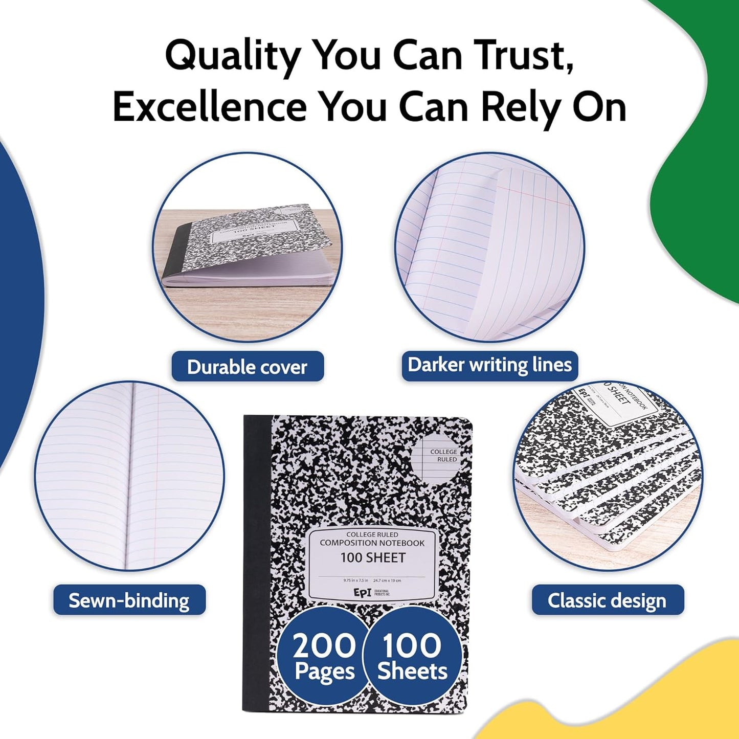 EPI Marble Hardcover College Ruled Composition Notebook | 200 Pages (100 Sheets), 9.75 x 7.5 in, Sturdy Sewn Binding | School, Office, Journaling, Notes - 24 Pack