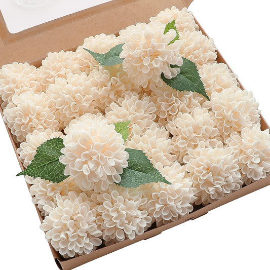 Floroom Artificial Dahlia Flowers 25pcs Real Looking Cream Foam Fake Roses with Stems for DIY Wedding Bouquets Bridal Shower Centerpieces Floral Arrangements Party Tables Home Decoration