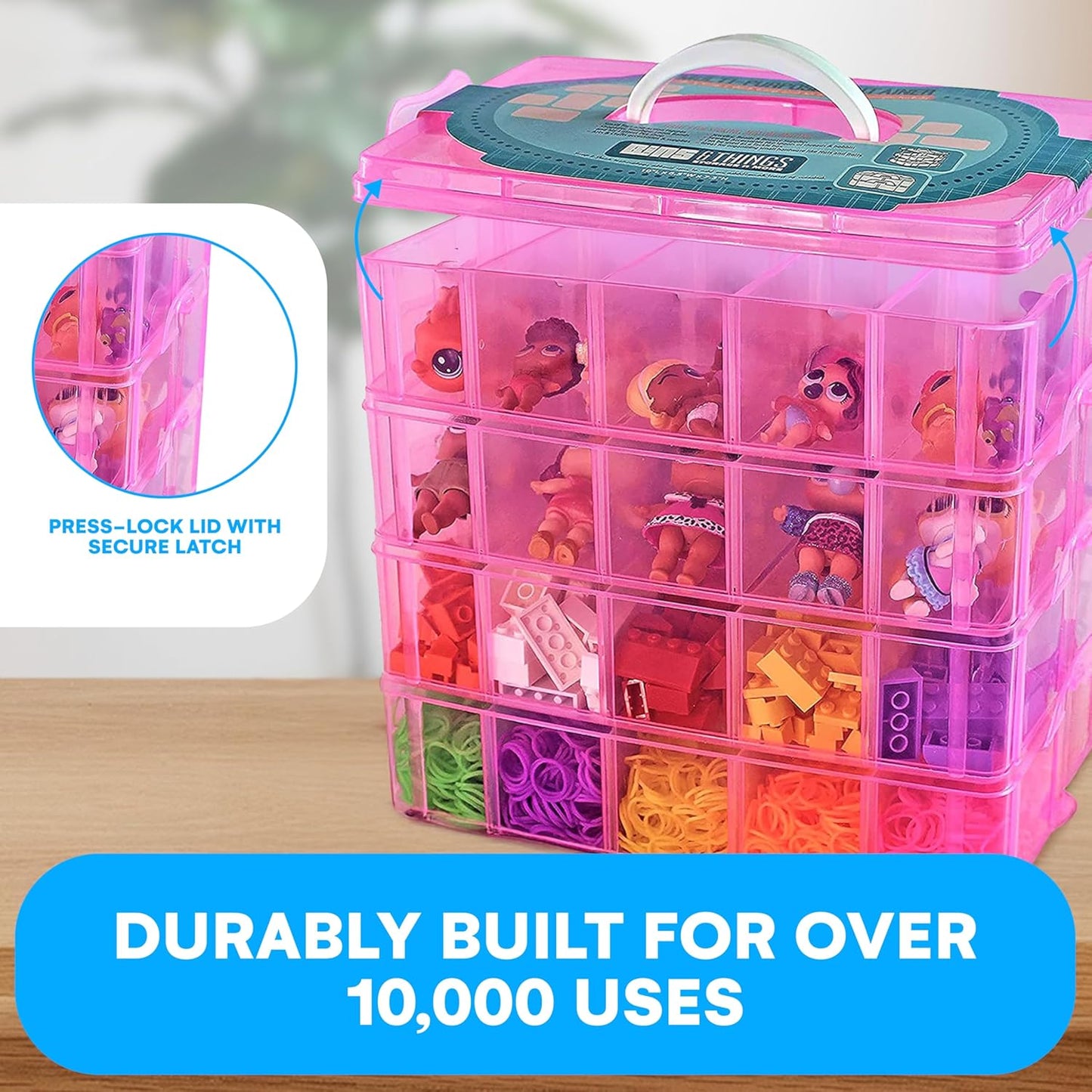 Bins & Things Bead Organizer with Adjustable Compartments - Durable Toy Organizers and Storage Solution for Dolls, Crafts, Mini Toy Figures, Jewelry and Beads - 4 Tier, 40 Compartments, Pink