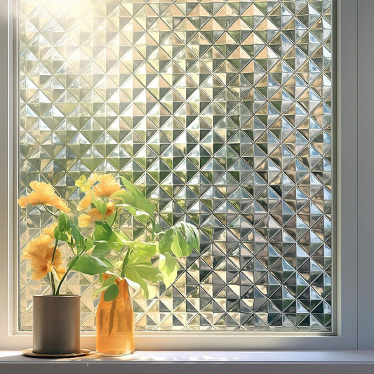 Qualsen Window Privacy Film, Stained Glass Window Film Heat Control UV, Frosted Rainbow Bathroom Decorative Film 3D Static Clings, Peel and Stick Window Tint for Home,11.8x78.7inch