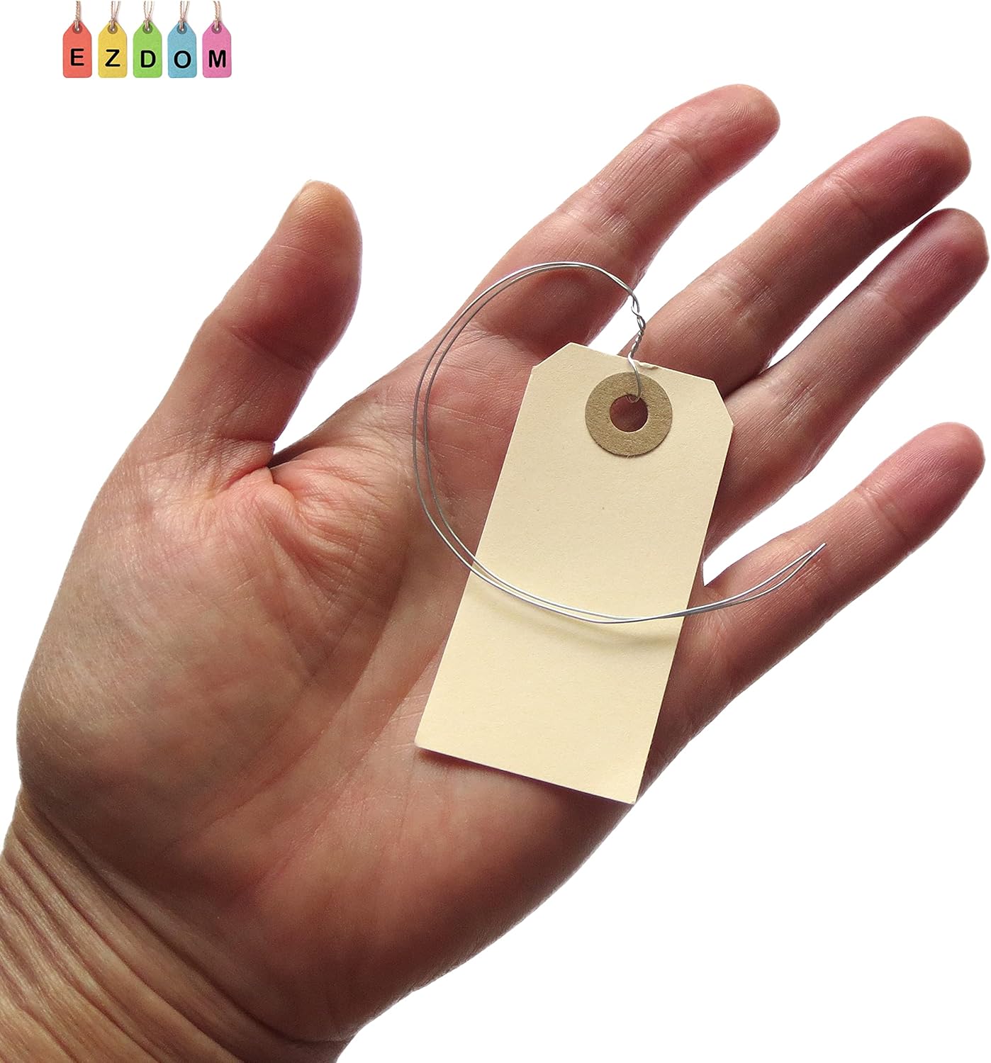 String Tags with Wire Attached- #1, 2 3/4” x 1 3/8”, Box of 500 Blank Shipping Tags with Wire and Reinforced Hole, Wired Labeling Tags