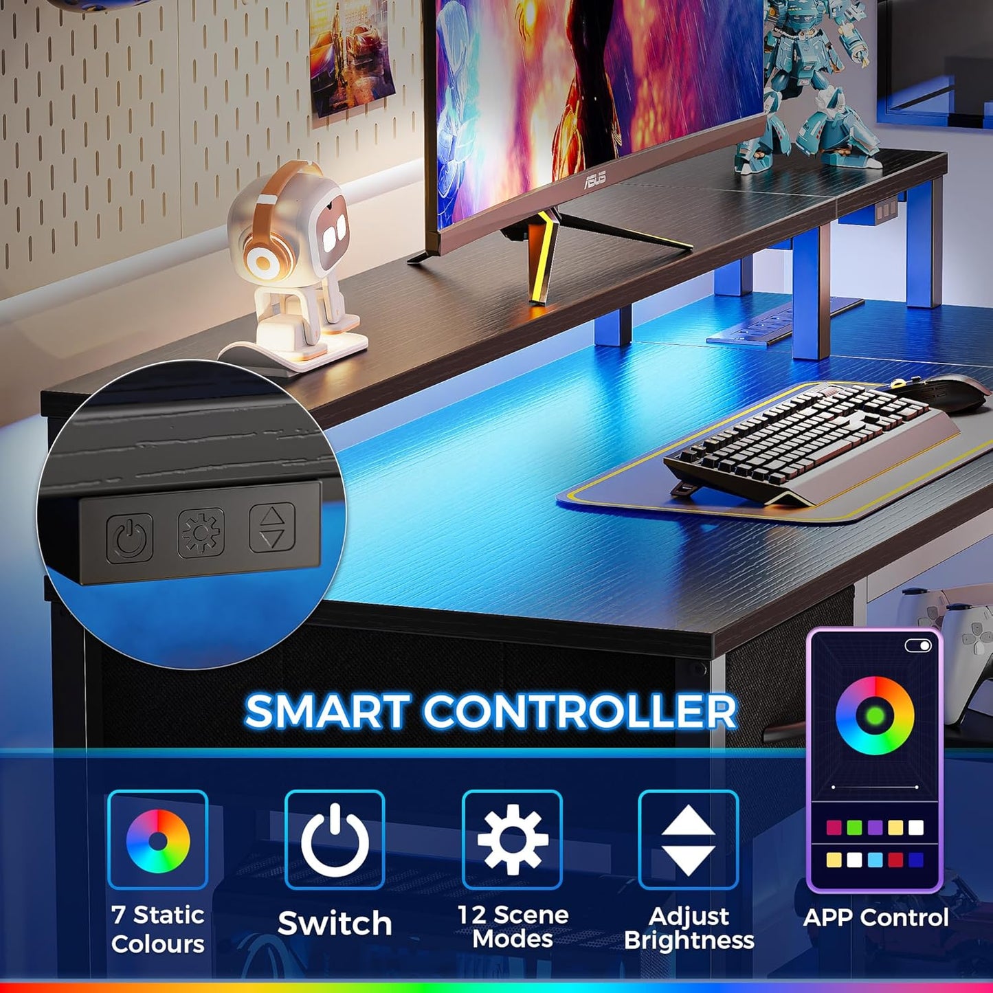 SUPERJARE Reversible L Shaped Gaming Desk with Drawer, LED Lights & Power Outlets, Corner Computer Desk with Shelves & Monitor Stand for Home, Office, Black, 47 inches