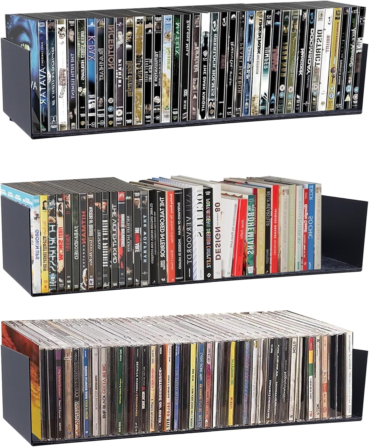 U Shape Floating Shelves Wall Mount Metal Bookshelf CD DVD Storage Display Shelves, Black Set of 3