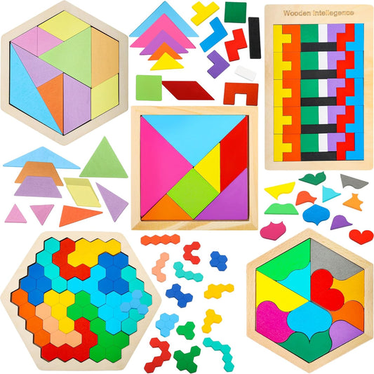 5 Pack Wooden Tangrams Puzzle Set Wooden Hexagon Puzzle Wood Russian Blocks Tangram Puzzle Brain Teaser Puzzles for Kids Adults 3D Logic Intelligence IQ Game Gift