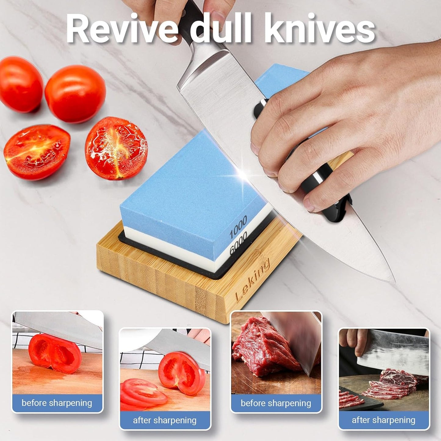 Leking Professional Knife Sharpener & Sharpening Stone Set: 1000/6000 Grit Dual-Sided Whetstone(7"x2.4"x1.2") with Bamboo Base, Non-Slip Silicone Holder, Angle Guide & Leather Strop Kit