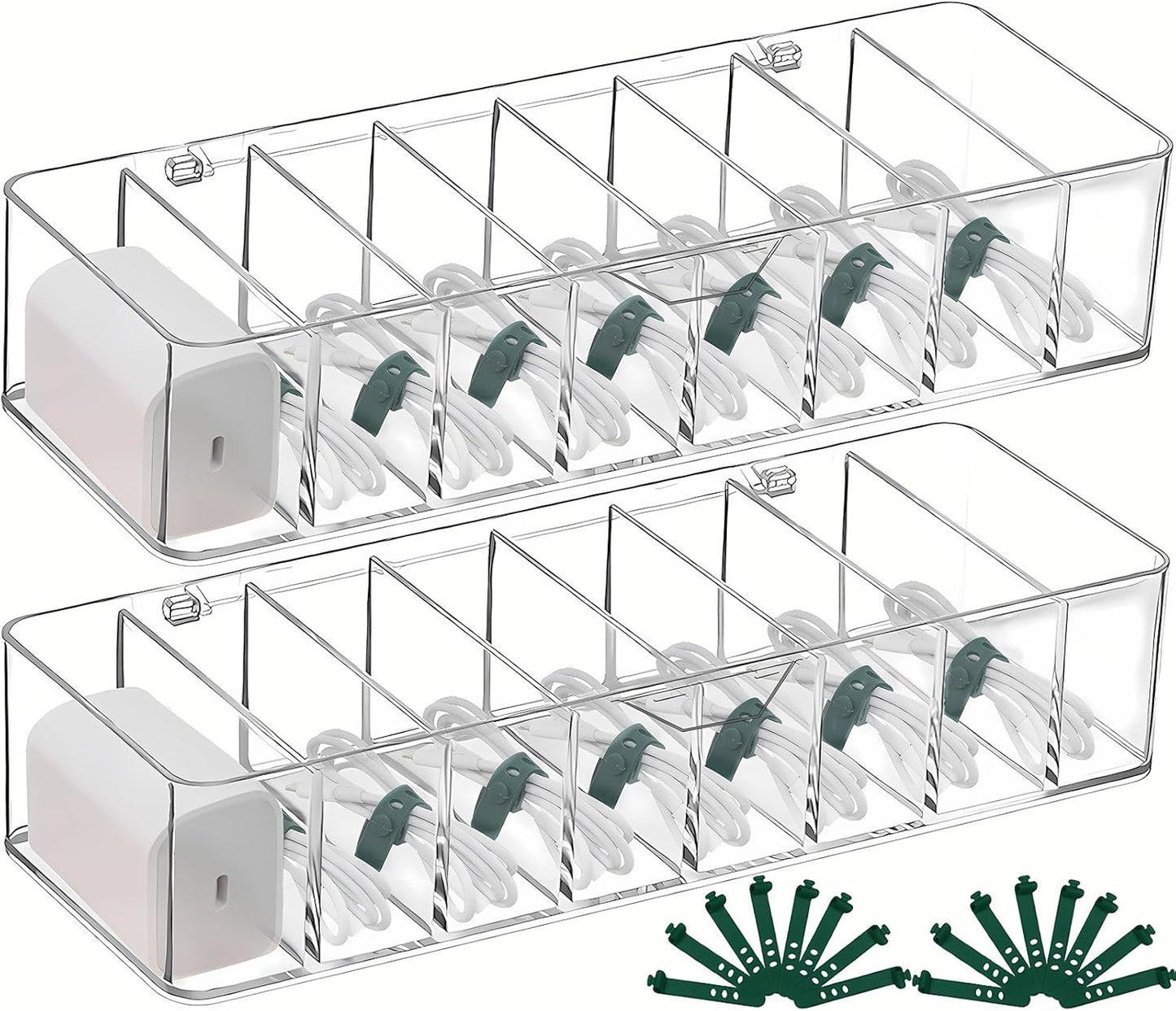 DUOFIRE 2 Pcs Cord Organizer with 16 Cable Ties, Clear Acrylic Cable Organizer Charger Organizer Electronics Organizer with Lid for Home Office Desk Organizers and Accessories
