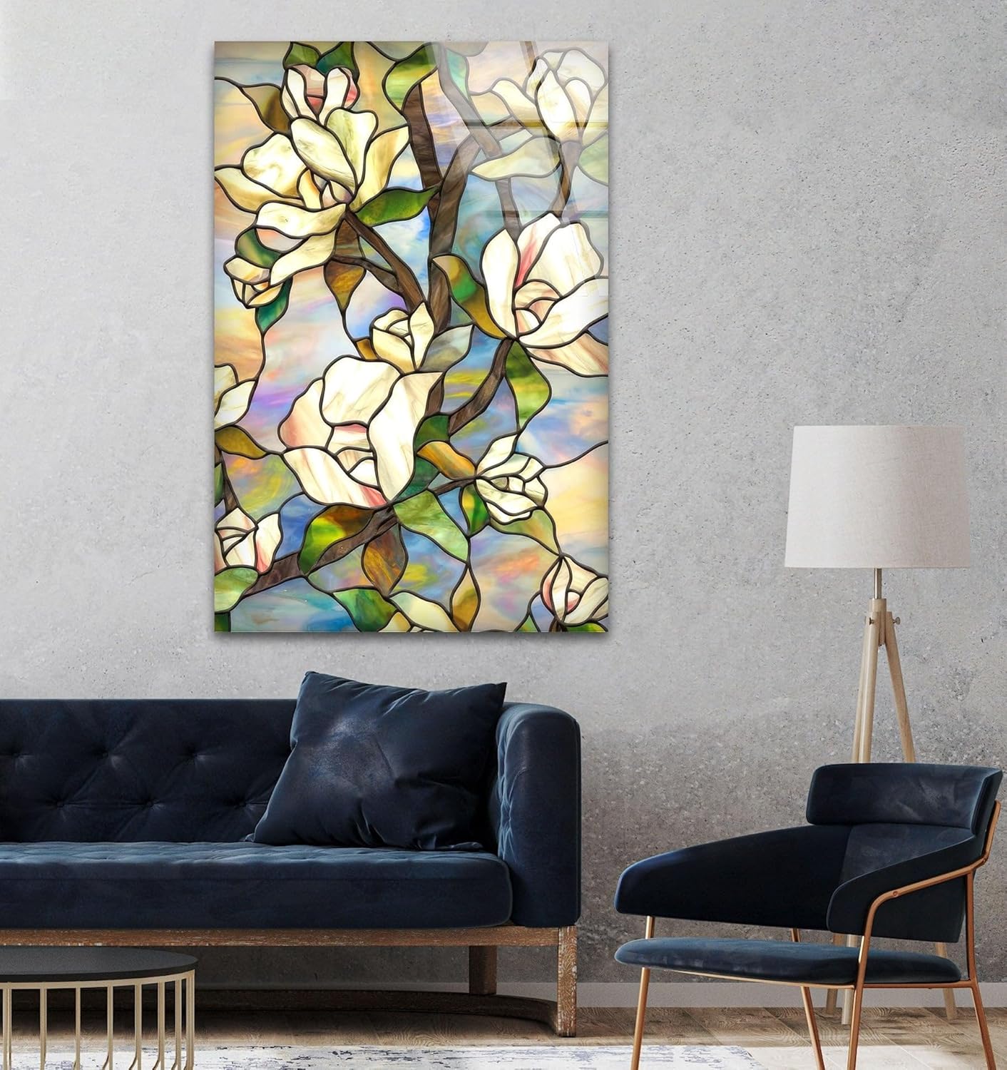 My Photostation.com Round 24'' Stained Magnolia Glass Wall Art Tempered Glass Printing Wall Decor Large Wall Art Wall Hangings