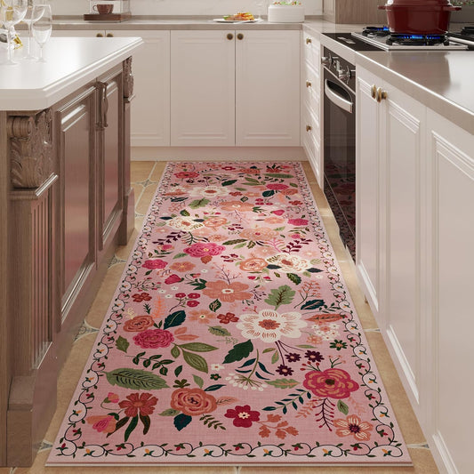 Rugcomf Runner Rug for Hallways Kitchen Rug Non Slip 2'6''x8' Washable Runner Rugs with Rubber Backing Soft Floral Carpet Runner for Hallways, Kitchen, Laundry, Bedroom, Bathroom(Pink)