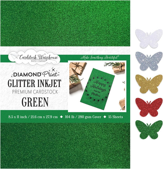 Cardstock Warehouse Diamond Print Inkjet Glitter - Premium Green Glitter Cardstock Paper – 15 Sheets, 8.5 x 11" - 104 lb/280 GSM for Inkjet Printing, Die-Cutting, Card Making, Crafts, and DIY Projects