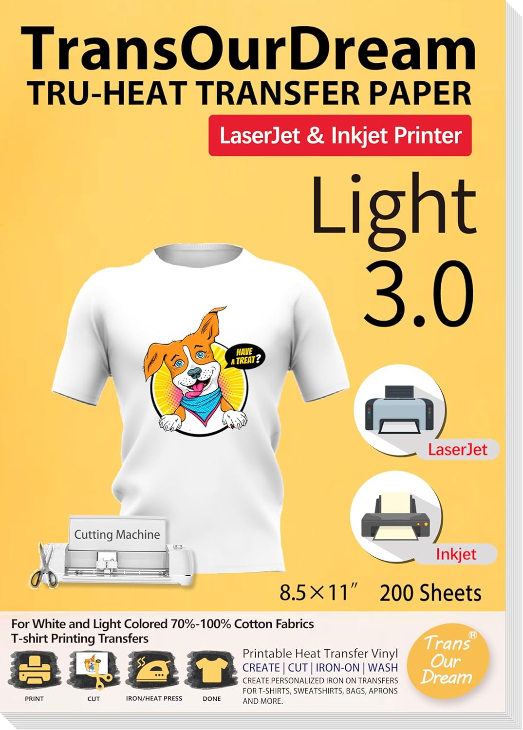 TransOurDream Tru-Heat Transfer Paper for Light T Shirts (200 Sheets 8.5x11, 3.0) Printable HTV Heat Transfer Vinyl for Inkjet & Laserjet Printer Iron on Transfers for Light Fabrics