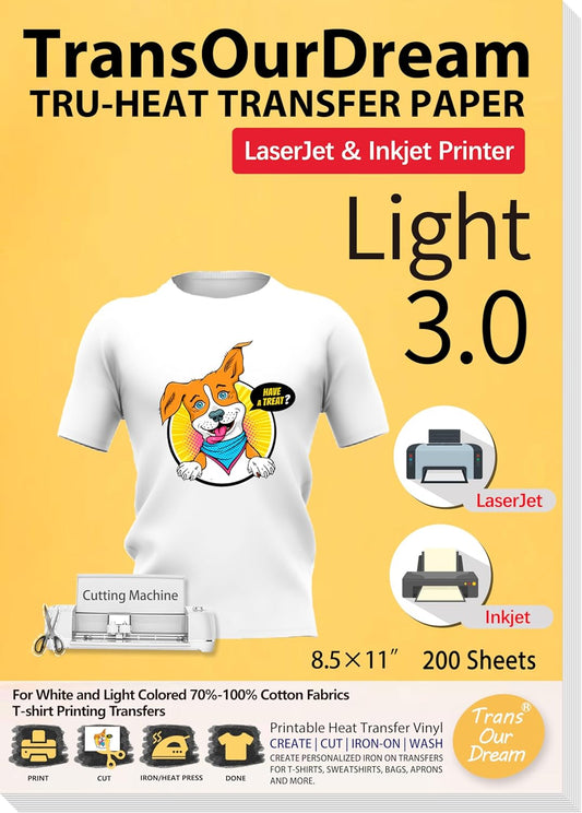 TransOurDream Tru-Heat Transfer Paper for Light T Shirts (200 Sheets 8.5x11, 3.0) Printable HTV Heat Transfer Vinyl for Inkjet & Laserjet Printer Iron on Transfers for Light Fabrics