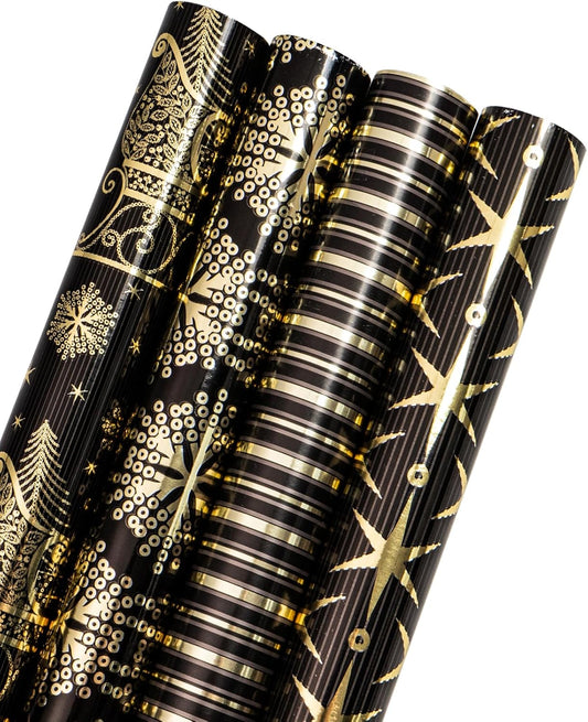 WRAPAHOLIC 30 Inch Christmas Wrapping Paper Roll - Jumbo Roll Black Gold Christmas Sleigh Holiday Design with Metallic Foil Shine - 4 Rolls - 30 Inch x 120 Inch Per Roll