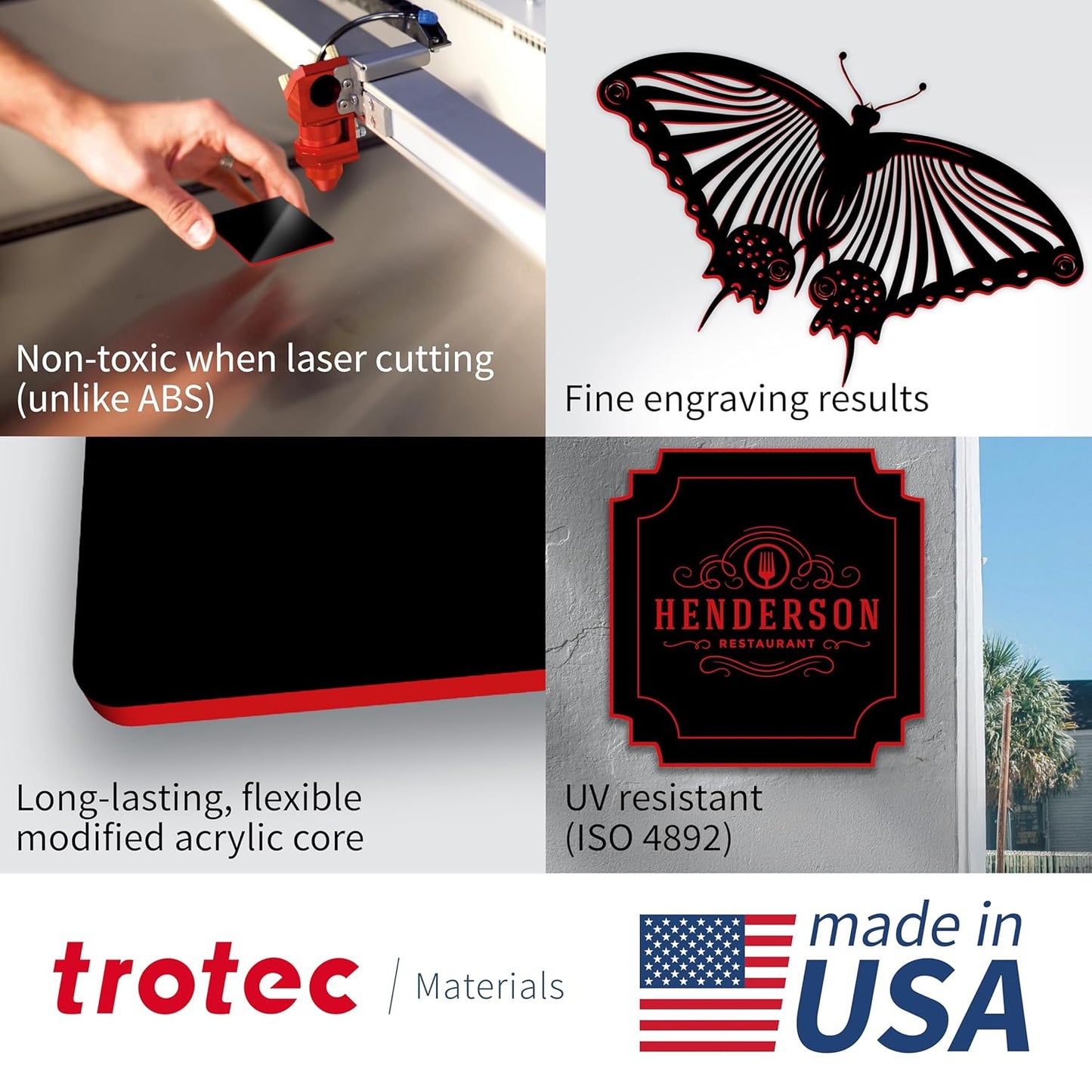 Trotec TroLase | 12"x24"x1/16", 4 Pcs | Black/Red | 2 Ply | Modified Acrylic | Laser Engraving Double Color Plastic Sheet | Engraving Blanks for Laser, Saw, Guillotine | Made in USA