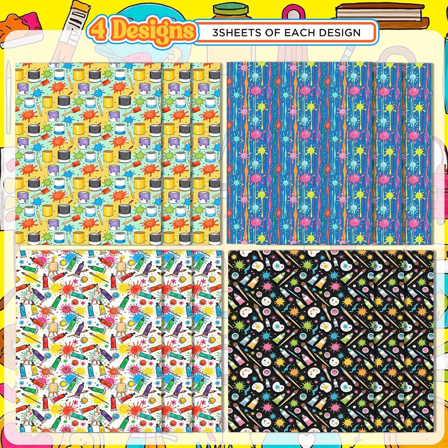 Pineraap 12 Sheets Art Wrapping Paper, Painting Palette Brushes Paint Design Gift Wrap Paper, Creative Art Doodles Folded Flat Gift Wrap for Artists, Birthdays, Celebrations, 19.7 x 27.6 Inch