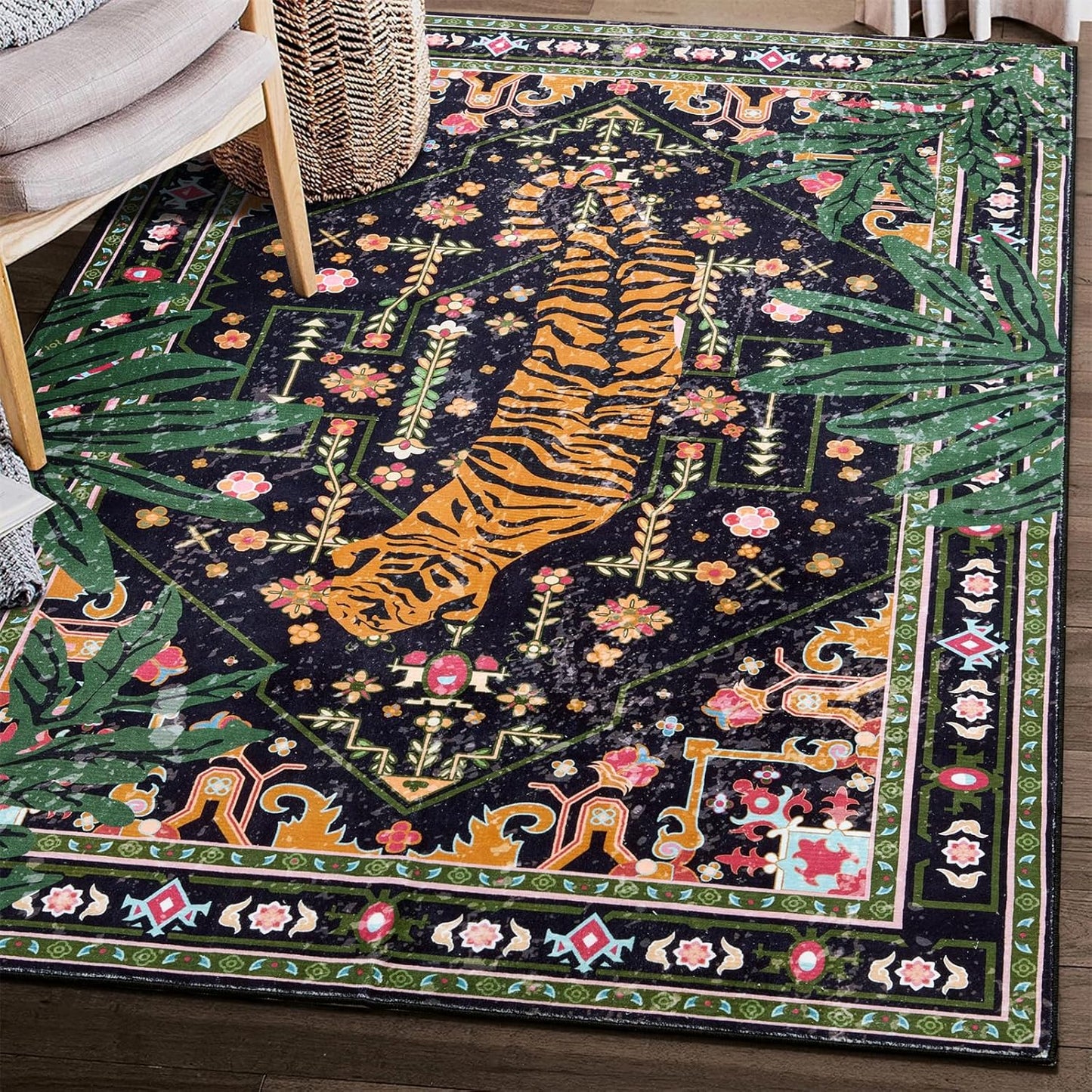 Oriental Tropical Indoor Door Mat Washable, Thin Black Boho Vintage Distressed Hippie 3x5 Throw Rugs for Bedroom Bathroom Kitchen Non-Slip Abstract Botanical Tribal Indian Entryway Carpet