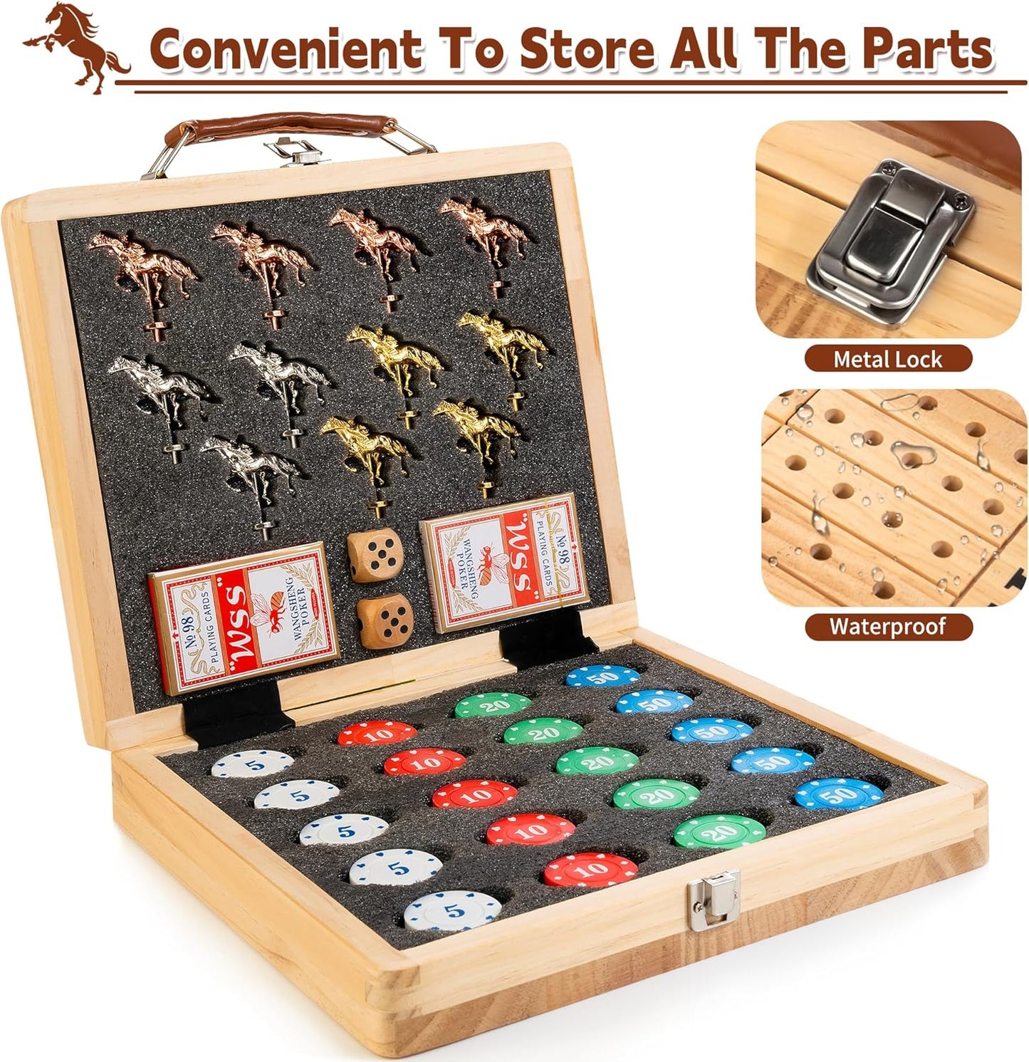 Bravmate Large 21 Inches Horse Race Board Game, Solid Wood Foldable Horse Racing Game with 11 Luxury Metal Horses, 2 Wooden Dice, 2 Boxes of Cards, 80 Chips for Parties