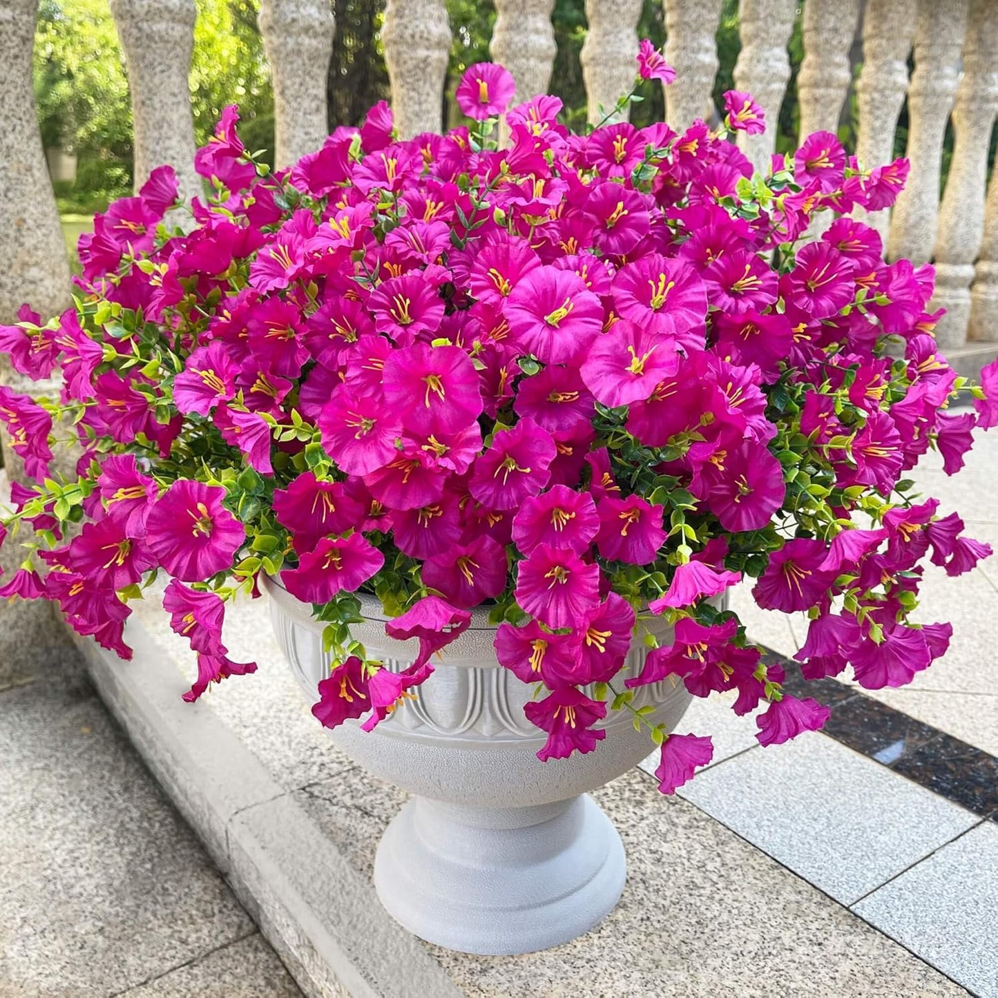 Artificial Flowers for Outdoors Spring Summer Decoration, 16 Bundles Fake Silk Realistic Morning Glory UV Resistant Faux Plastic Plants for Planter Front Door Porch Patio Yard (Fuchsia)