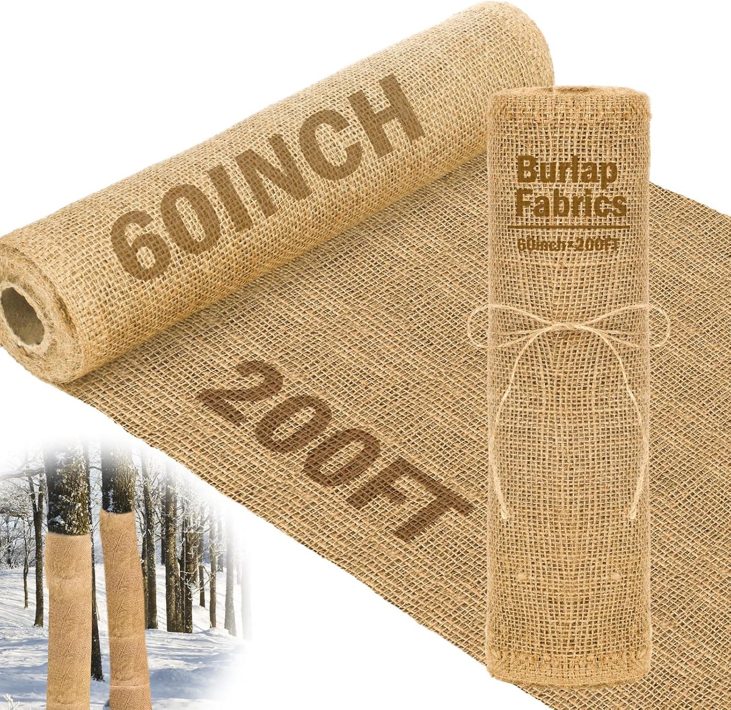 Buryeah Burlap Fabrics Roll Natural Jute Burlap Tree Wraps Protector Winter Frost Plant Blankets Cloth Weed Barrier Fabric Garden Plants for Winter Outdoor Trees Shrubs Party (60 Inch X 200 ft)