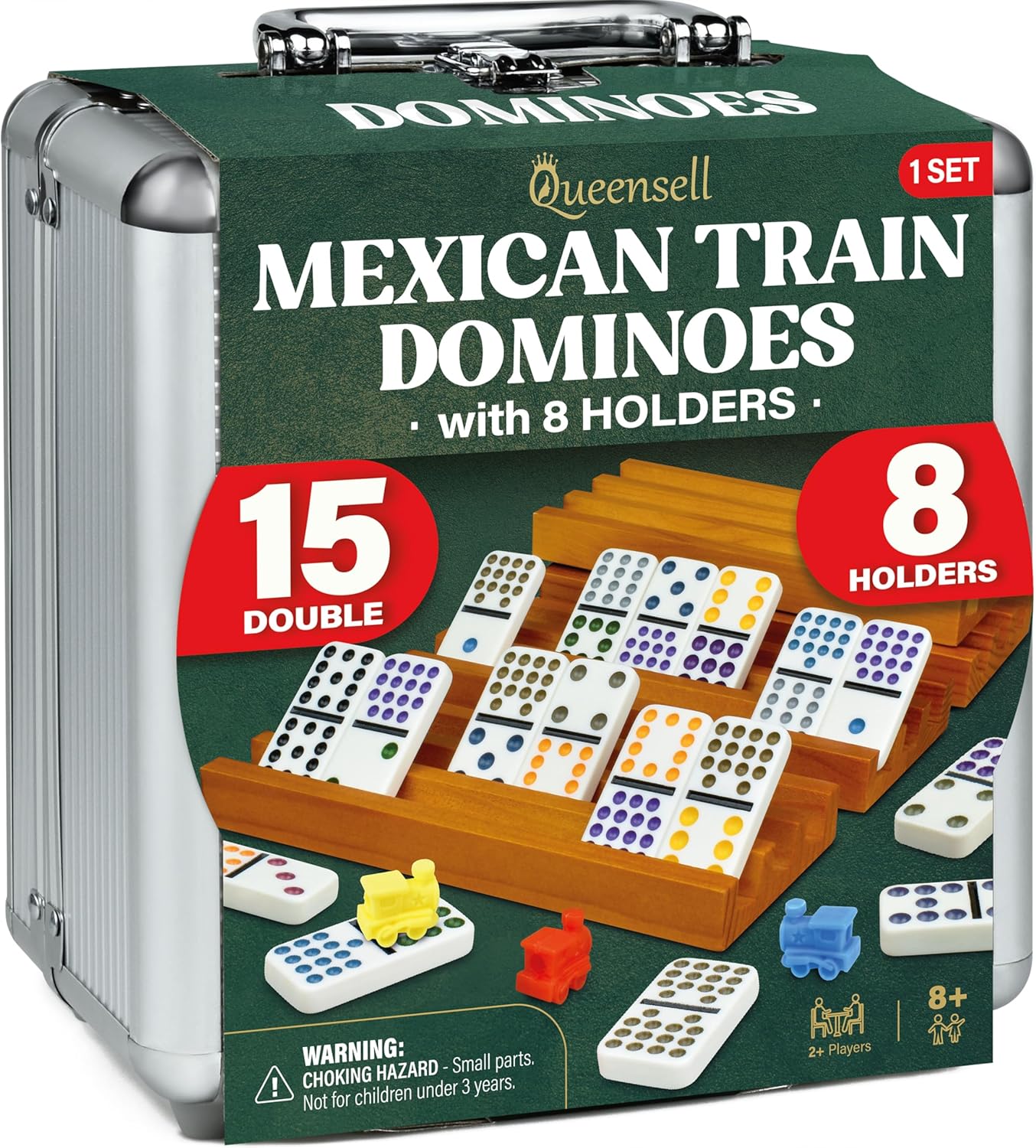 Queensell Mexican Train Dominoes Set Double 15 with 8 Holders - Wooden Hub and Tiles Holders - Double 15 with Dots (D15 + 8 Holders)
