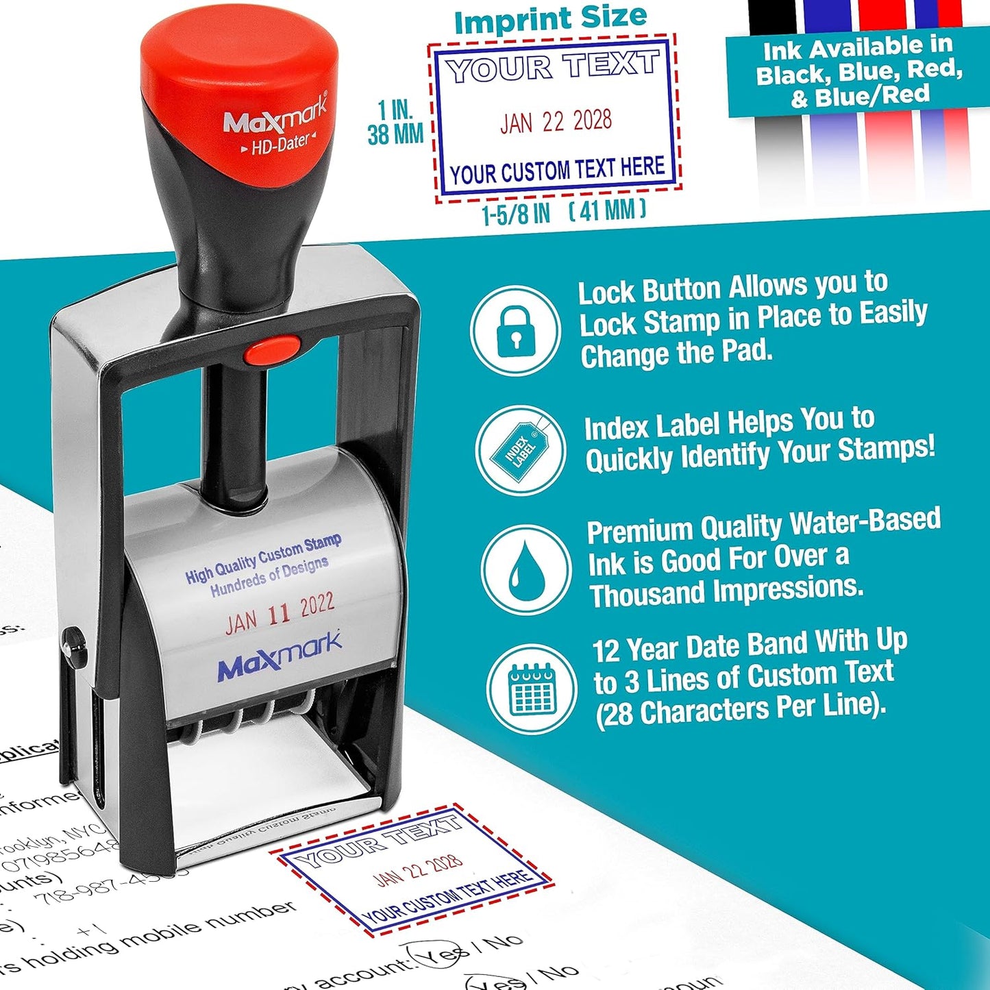 MaxMark Heavy Duty Self Inking Date Stamp with Phrase Paid - Red Ink