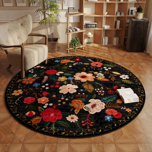Rugcomf Round Rug 4ft Washable Circle Rug Non Slip Low Pile Boho Floral Small Circular Rug for Bedroom, Bathroom, Entryway, Kids Room, Office, College Dorm(Black)