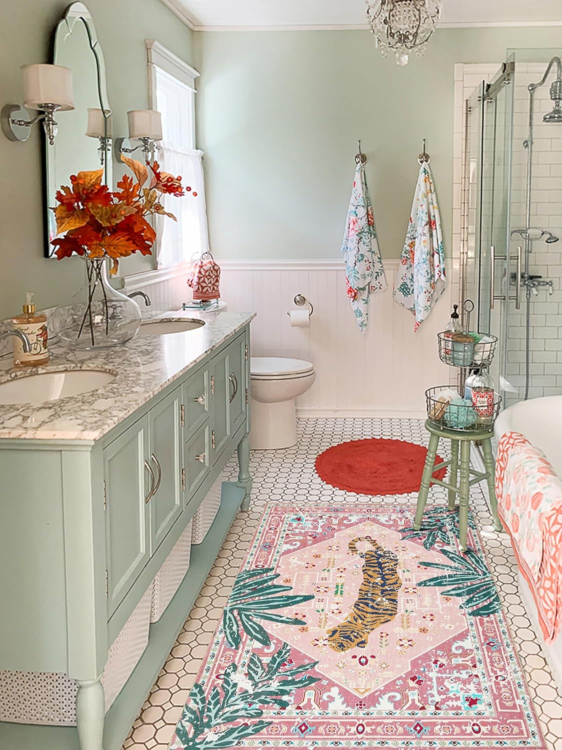 Hippie Rugs, 2x3 Faux Wool Tropical Pink Boho Throw Rugs for Bathroom Kitchen Small Indoor Entryway Rug Modern Vintage Distressed Indian Accent Floor Mat Non-Slip Washable