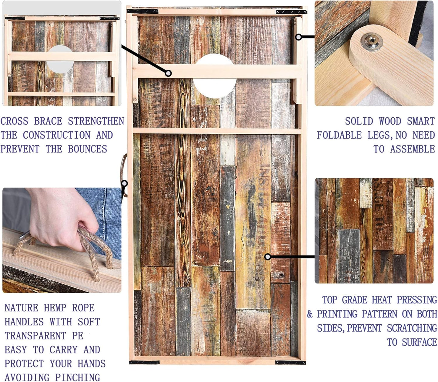 Solid Wood Vintage Cornhole Game Set, Two 4'x2'Cornhole Boards, 8 Cornhole Bags for Indoor and Outdoor Toss Games Competitions, Tournaments