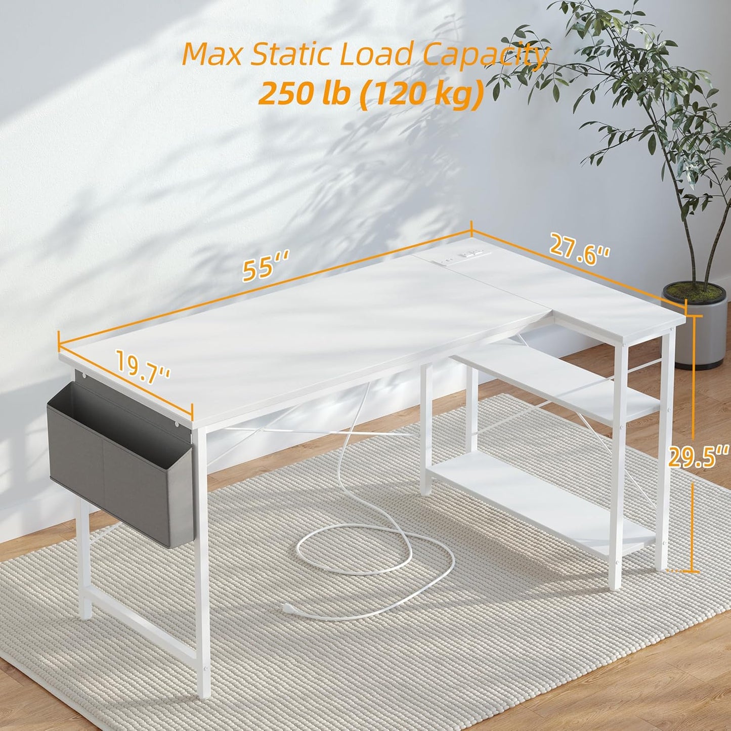 TIQLAB L Shaped Computer Desk with Power Outlets, 55 Inch Small Corner Desk with Reversible Shelves, Gaming Desk Computer Table Study Writing Desk for Home Office Small Space, White