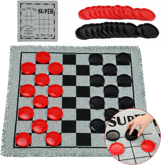 Giant Checkers Board Game Set,3 in 1 Tic Tac Toe Board Draughts Reversible Rug Game for Kids & Adults, Big Checker Floor Game Mat,Indoor Outdoor Yard Game for Family Camping Party