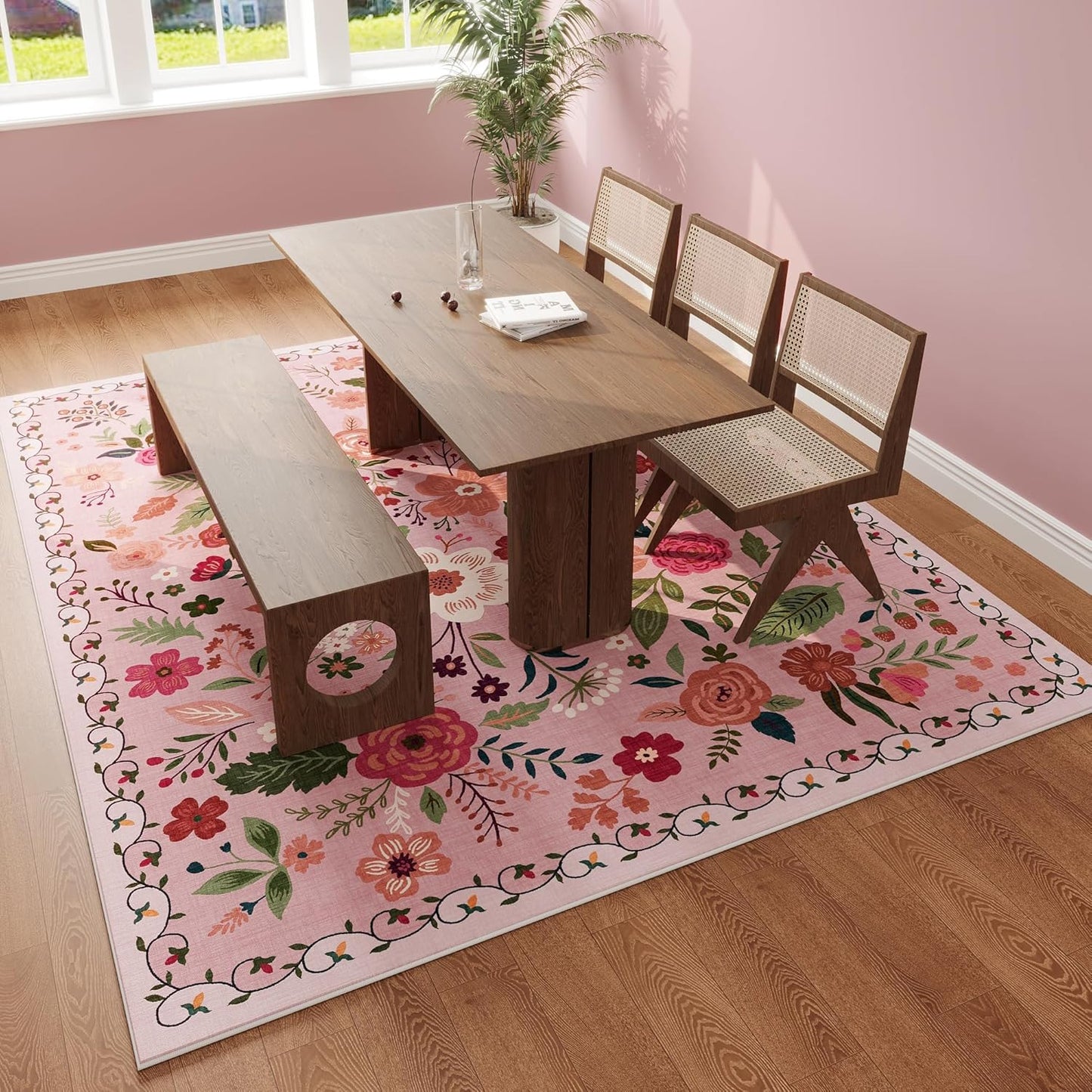 Rugcomf Living Room Rug 6x9 Machine Washable Boho Area Rug Non Slip Floral Vintage Low Pile Large Carpet for Bedroom, Farmhouse, Dining Room, Kids Playroom(Pink)