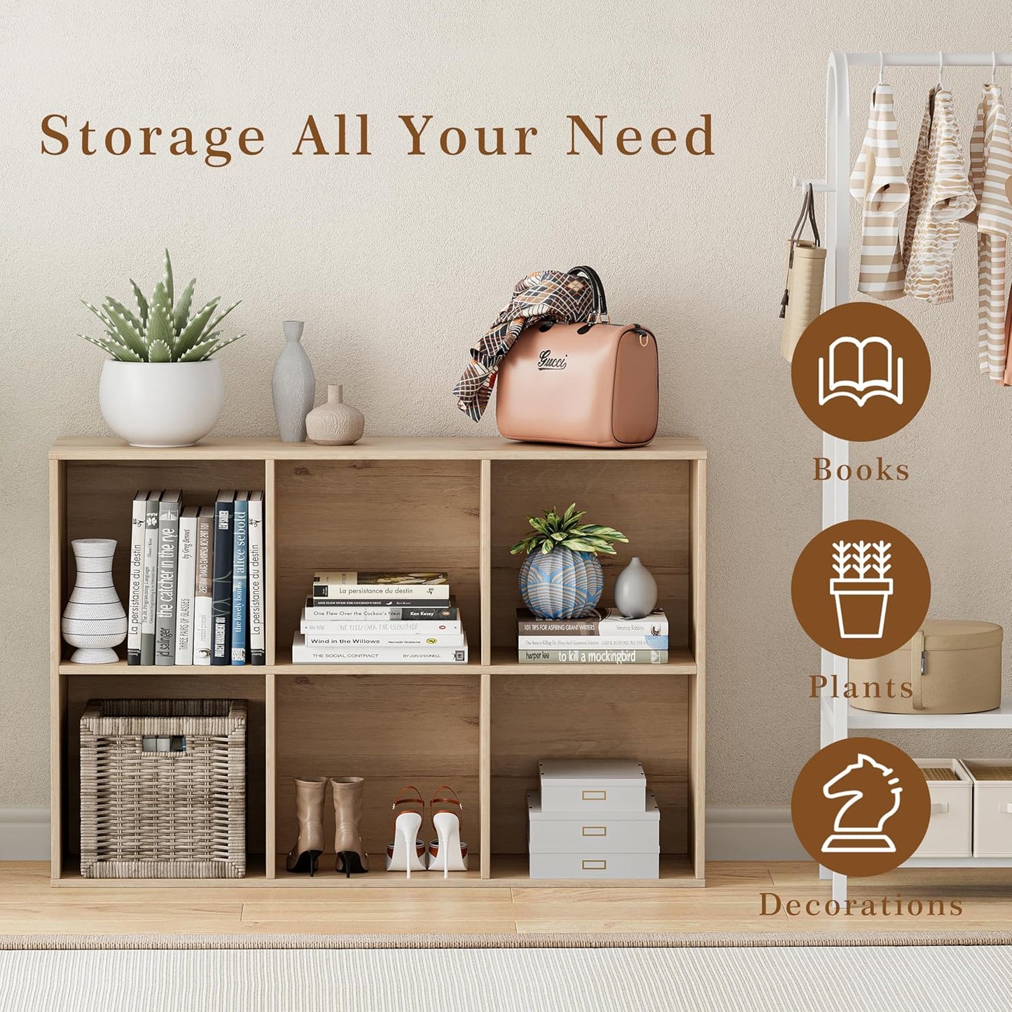 Wooden Cube Storage Organizer with Closed Back Panel, 11in Cube Shelf Opening, Bookshelf, Display Shelf,Closet Cabinet for Home and Office (White Oak, 6-Cube 35.98L*9.45W*24.09H)