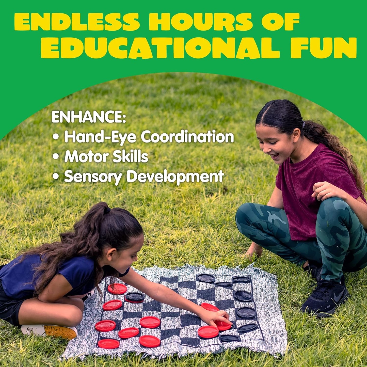 3-in-1 Vintage Giant Checkers, Tic, Tac, Toe, with Reversible Mat, 24 Chips, Family Board Game, Lawn Game, BBQ Party Favor, Indoor and Outdoor Activity for Kids and Adults