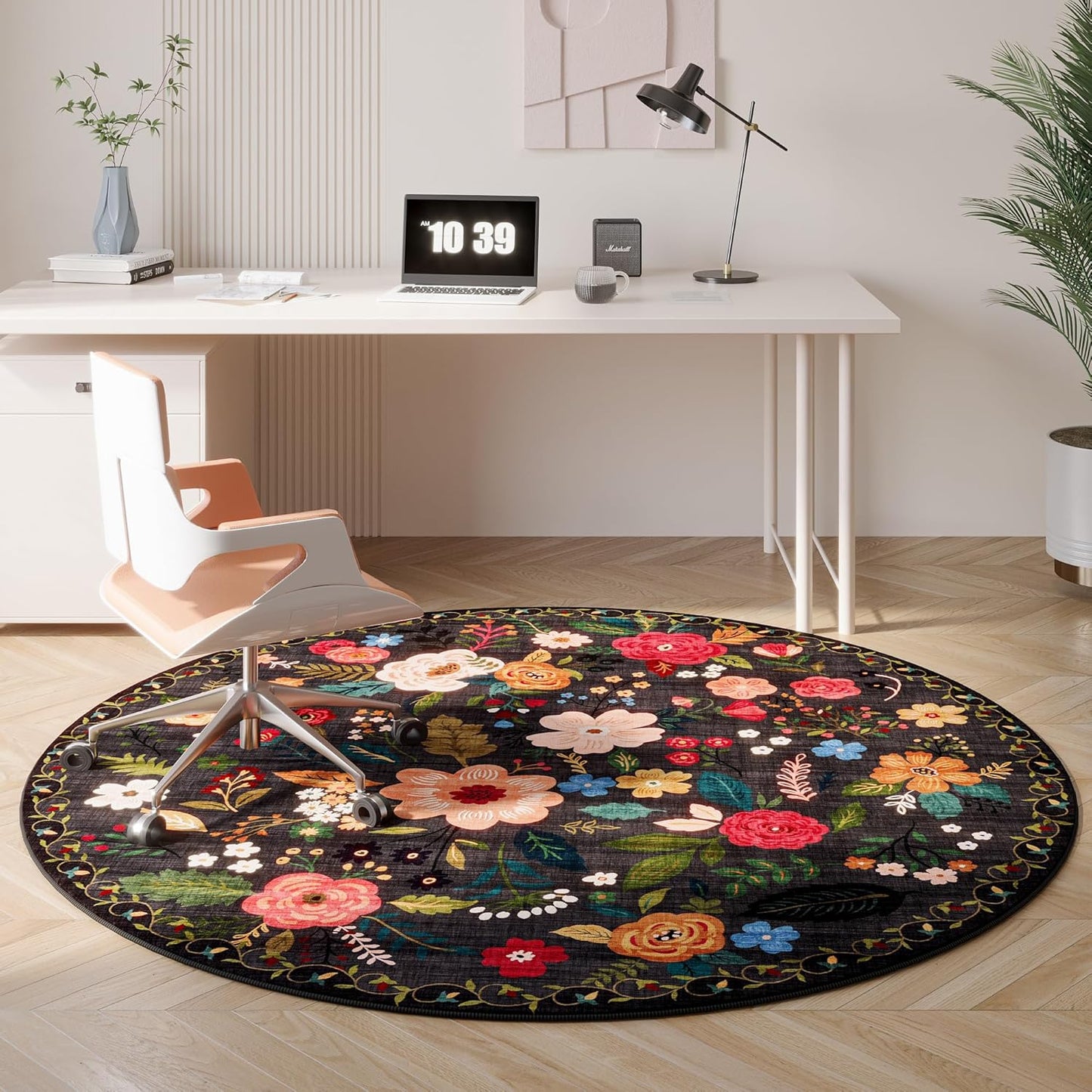 Rugcomf Round Rug 4ft Washable Circle Rug Non Slip Low Pile Boho Floral Small Circular Rug for Bedroom, Bathroom, Entryway, Kids Room, Office, College Dorm(Black)