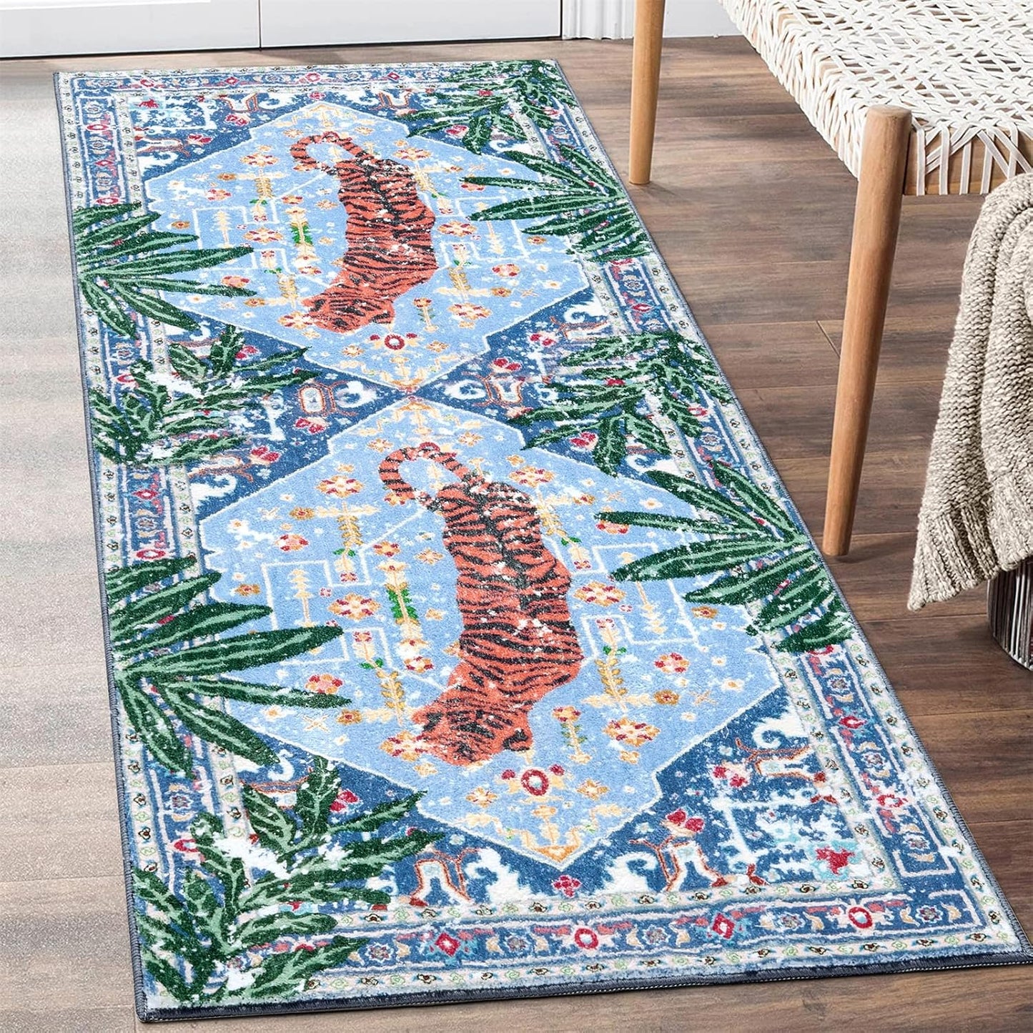 Oriental Tropical Hallway Runner Rug 2x6 Washable, Thin Stain Resistant Blue Boho Runner Rug for Entryway Kitchen Bedroom Laundry, Vintage Abstract Hippie Indian Botanical Long Floor Carpet