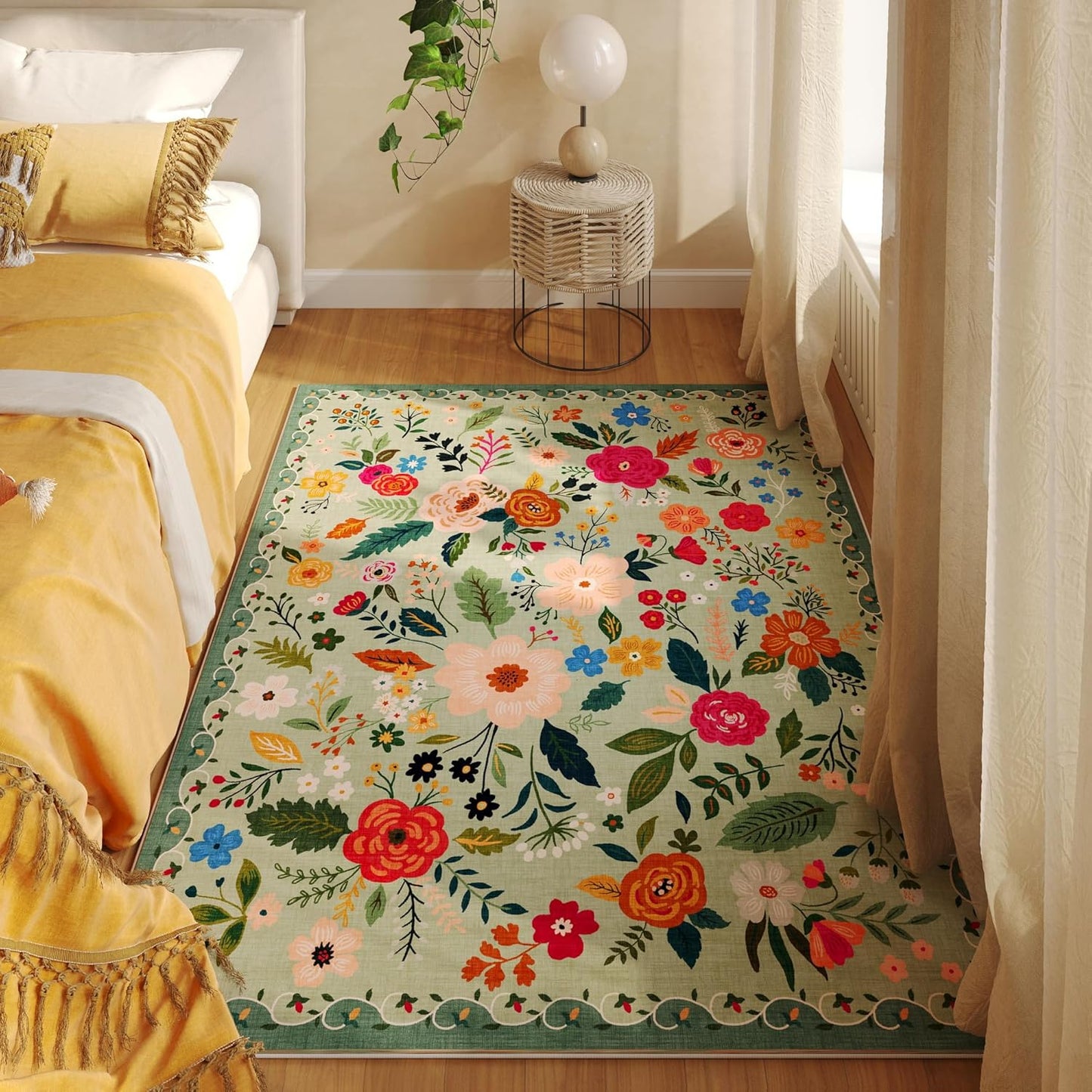 Rugcomf Bedroom Rug 3x5 Rug Washable Area Rug Non Slip Low Pile Boho Floral Small Carpet for Bedroom, Bedside, Kitchen, Entryway, Kids Room, Office, College Dorm Essentials for Girls(Green)